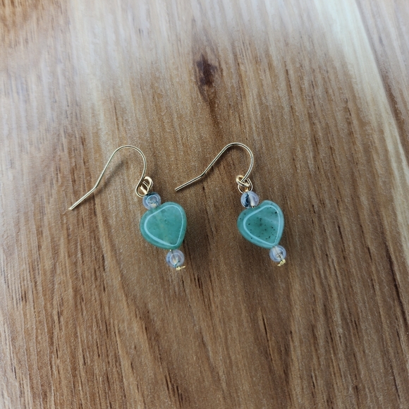 Handmade Green Adventurine Heart Moss Agate Dangle Earrings - Picture 1 of 5